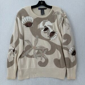 VTG 80s 90s IB Diffusion Womens Sweater‎ Beaded Pearls Shells Starfish MEDIUM